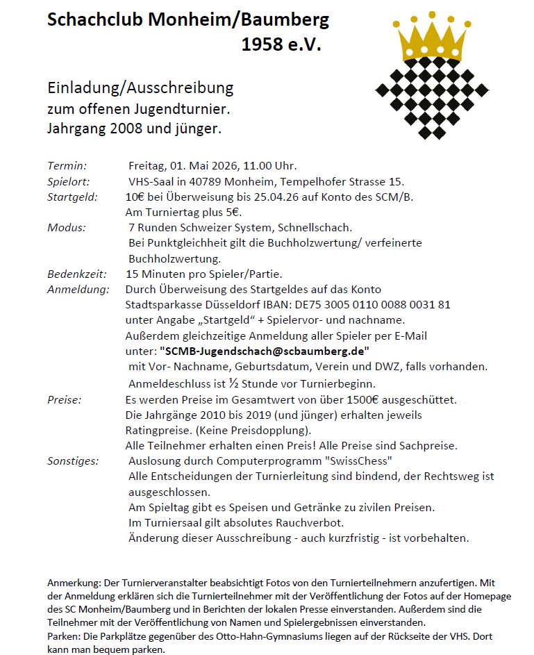 Ein Bild der Ausschreibung zum offenen Jugendturnier am 1. Mai 2026